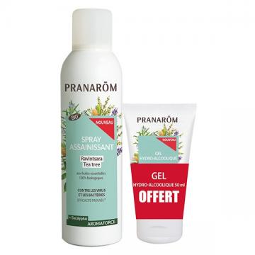 PRANAROM Aromaforce - Spray assainissant ravintsara tea tree Bio 150ml + gel hydro alcoolique 50ml offert