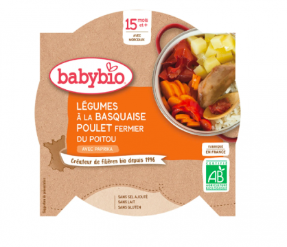 BABYBIO -  Plat b&eacute;b&eacute; d&eacute;s 15 mois, poulet basquaise 260g