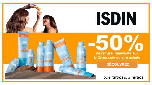 ISDIN -50% de remise immédiate sur le 2ème soin solaire acheté, le moins cher des 2