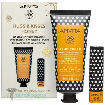 APIVITA - Coffret Hugs & Kiss Honey - Cr&egrave;me mains hydratante intense &agrave; l'acide hyaluronique et miel 50ml et Baume l&egrave;vres au Miel 4,4 g