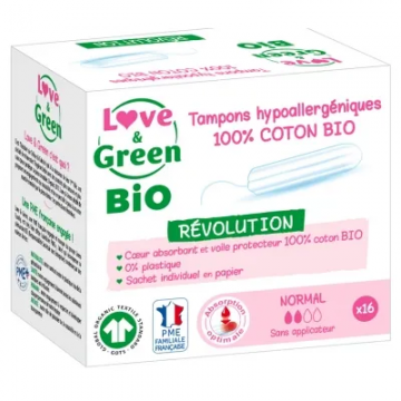 LOVE & GREEN - Tampons Hypoallerg&eacute;niques sans applicateur Normal 16 tampons